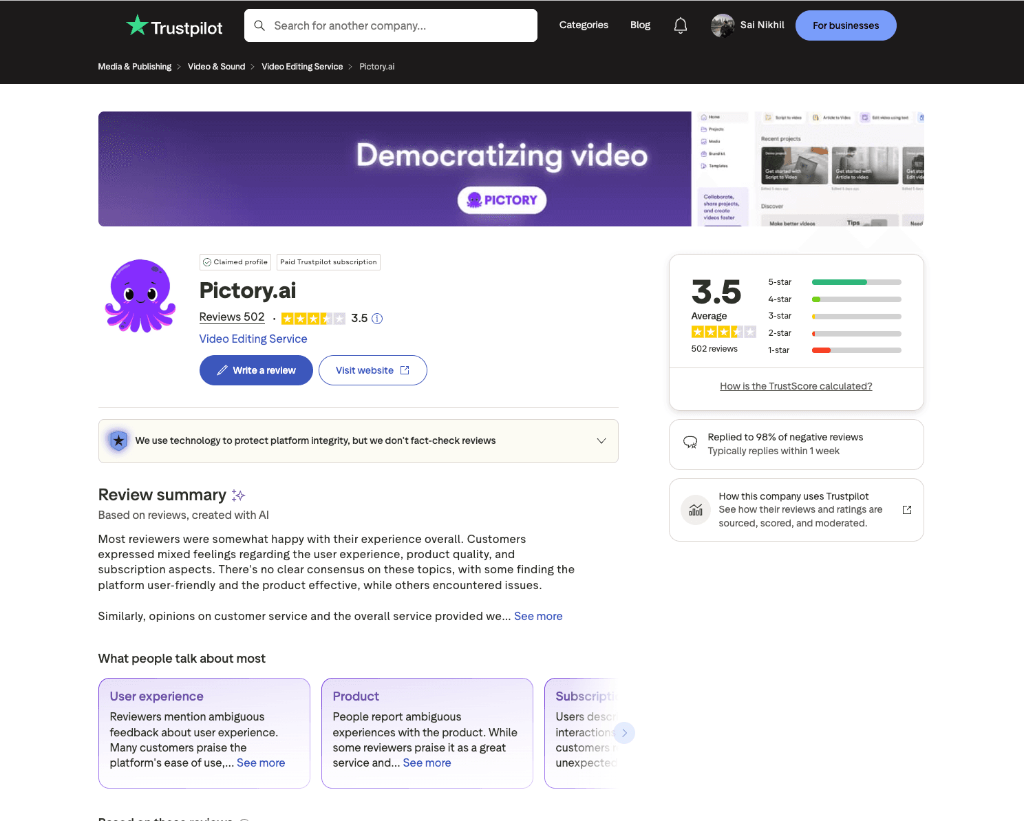 Pictory reviews screenshot